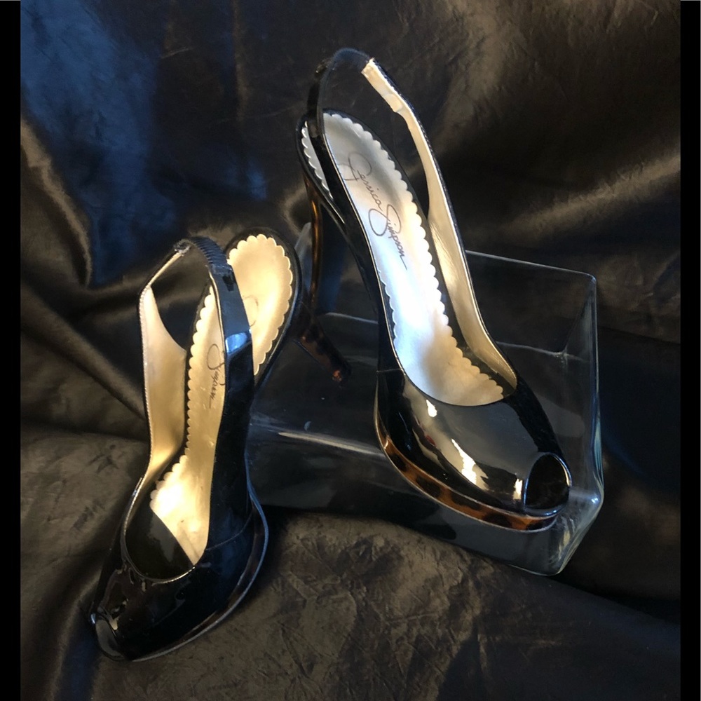 Black Patent Slingback Peep Toe Sandals with Lucite Heels